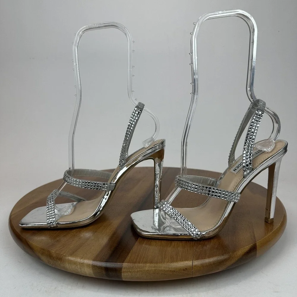 Womens Steve Madden Gracey Silver‎ Rhinestone Slingback Heeled Sandals Size 7 M